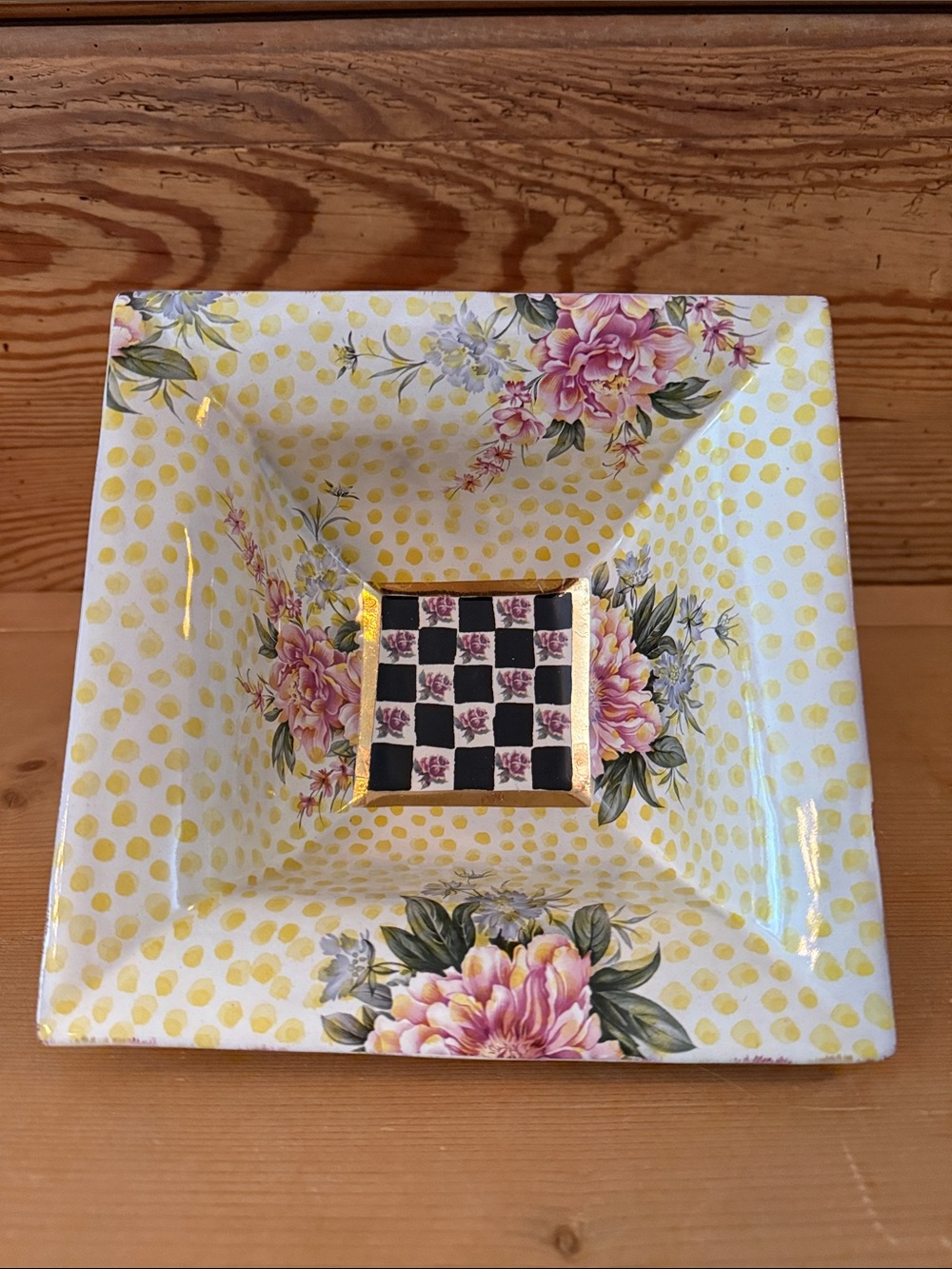 Mackenzie-Childs Square Ceramic Bowl- Torquay Buttercup & Palm & Devon Pattern